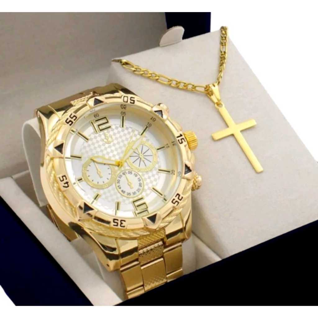 Kit Relógio + Corrente Banhado a Ouro 18k